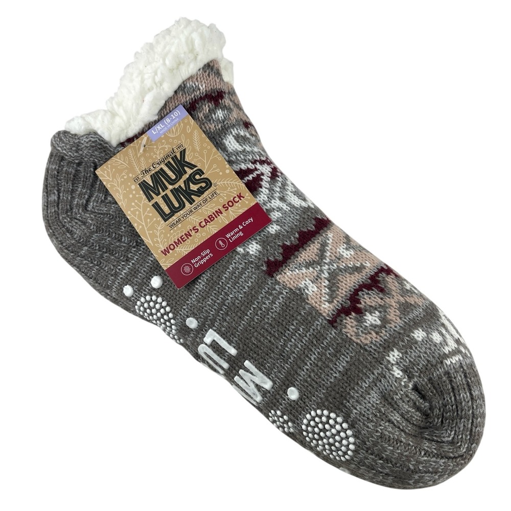 MUK LUKS Women's Cabin Socks L/XL (8-10) Taupe Grey Non Slip Plush Sherpa Fleece